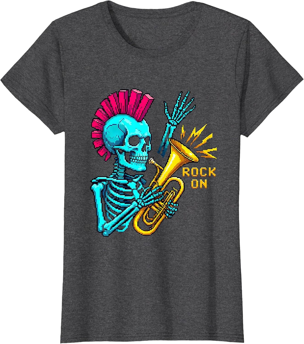 Women's Rock On Punk Skeleton Skull Halloween Music Humor T-Shirt - Dark Heather Grey