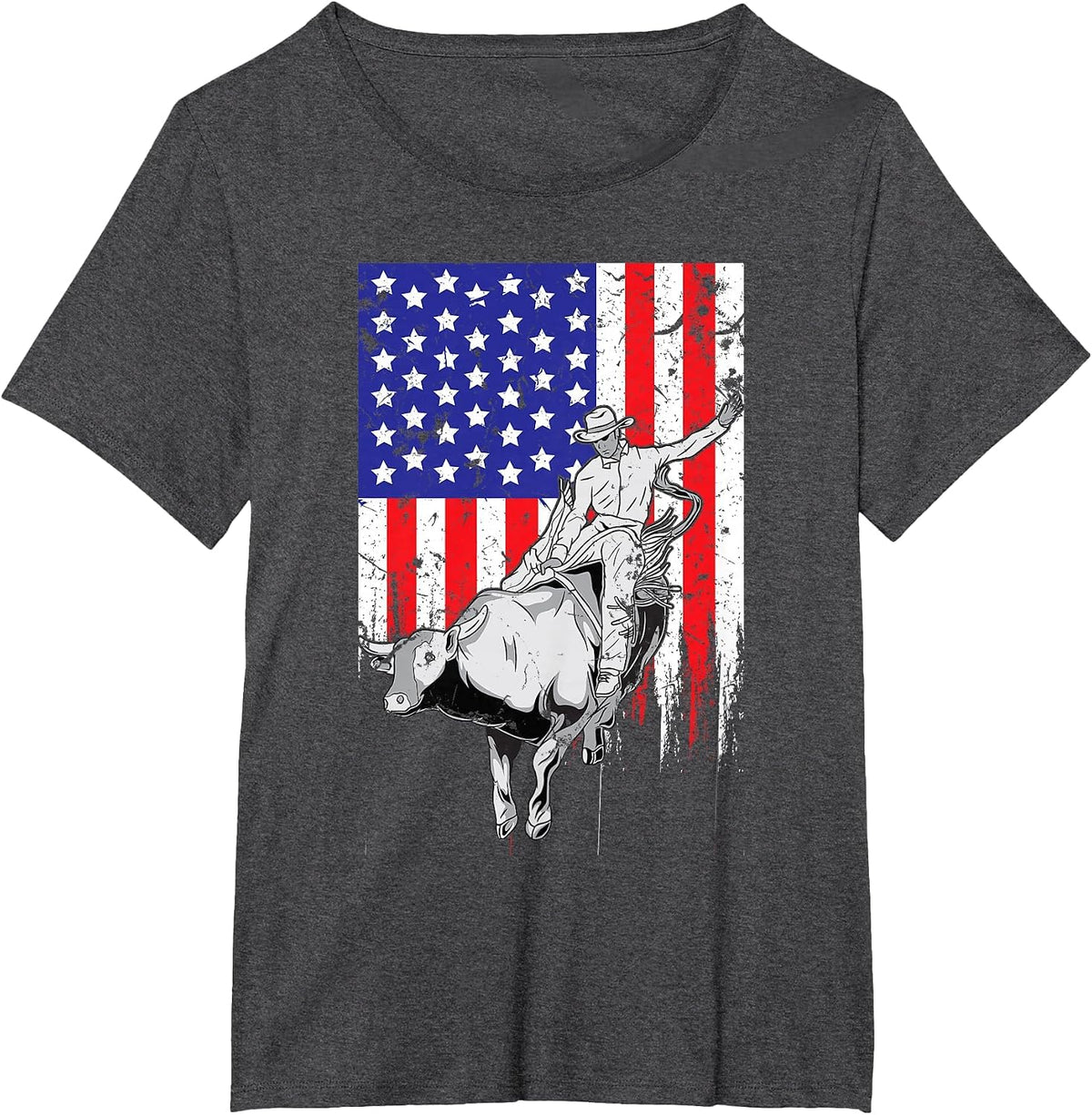 American Flag Bucking Bull Riding Patriotic Rodeo Rider T-Shirt - Dark Heather Grey