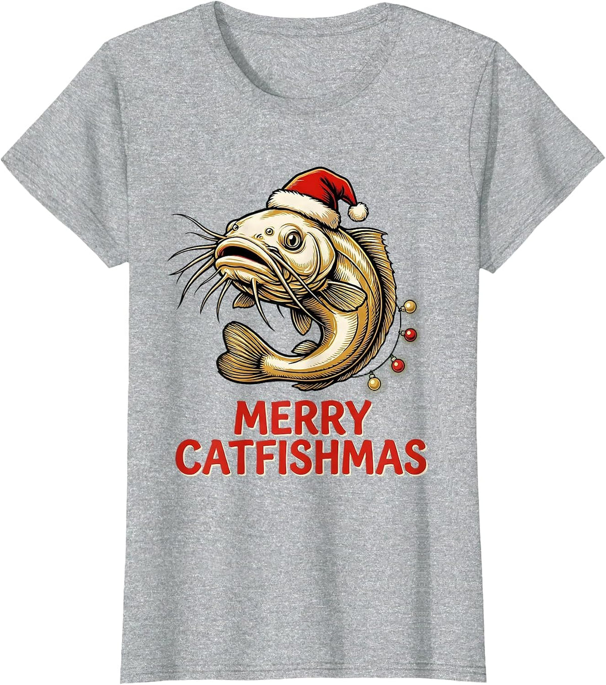 Women's Merry Catfishmas Funny Christmas Fishing Ugly Sweater T-Shirt - Heather Grey