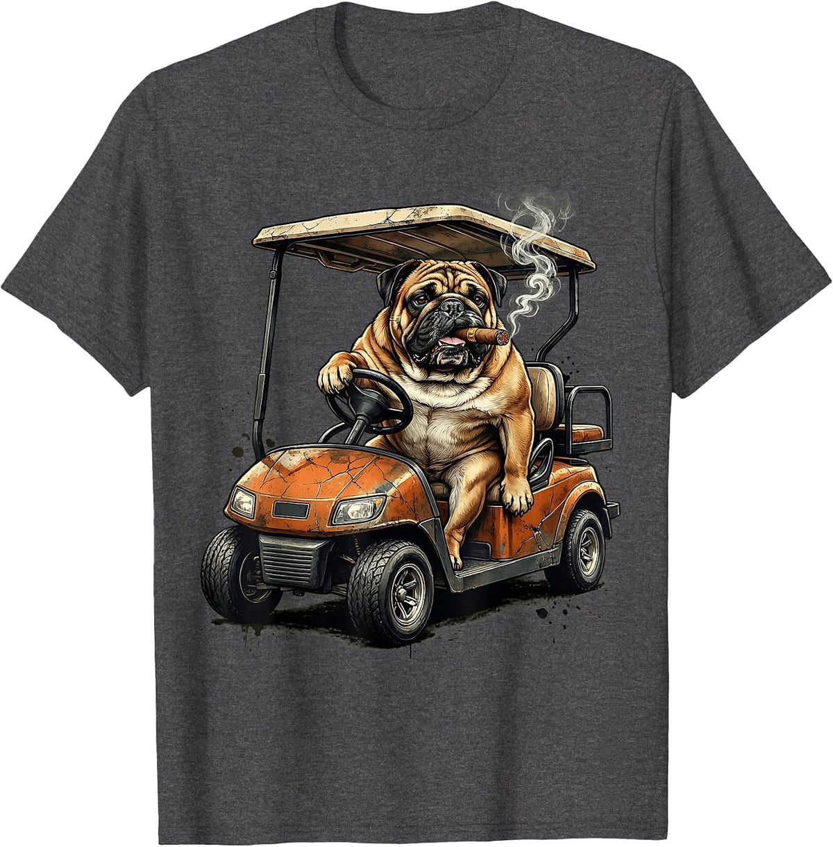 Cigar Bulldog Golf Cart Funny Golf Illustration T-Shirt - Dark Heather Grey