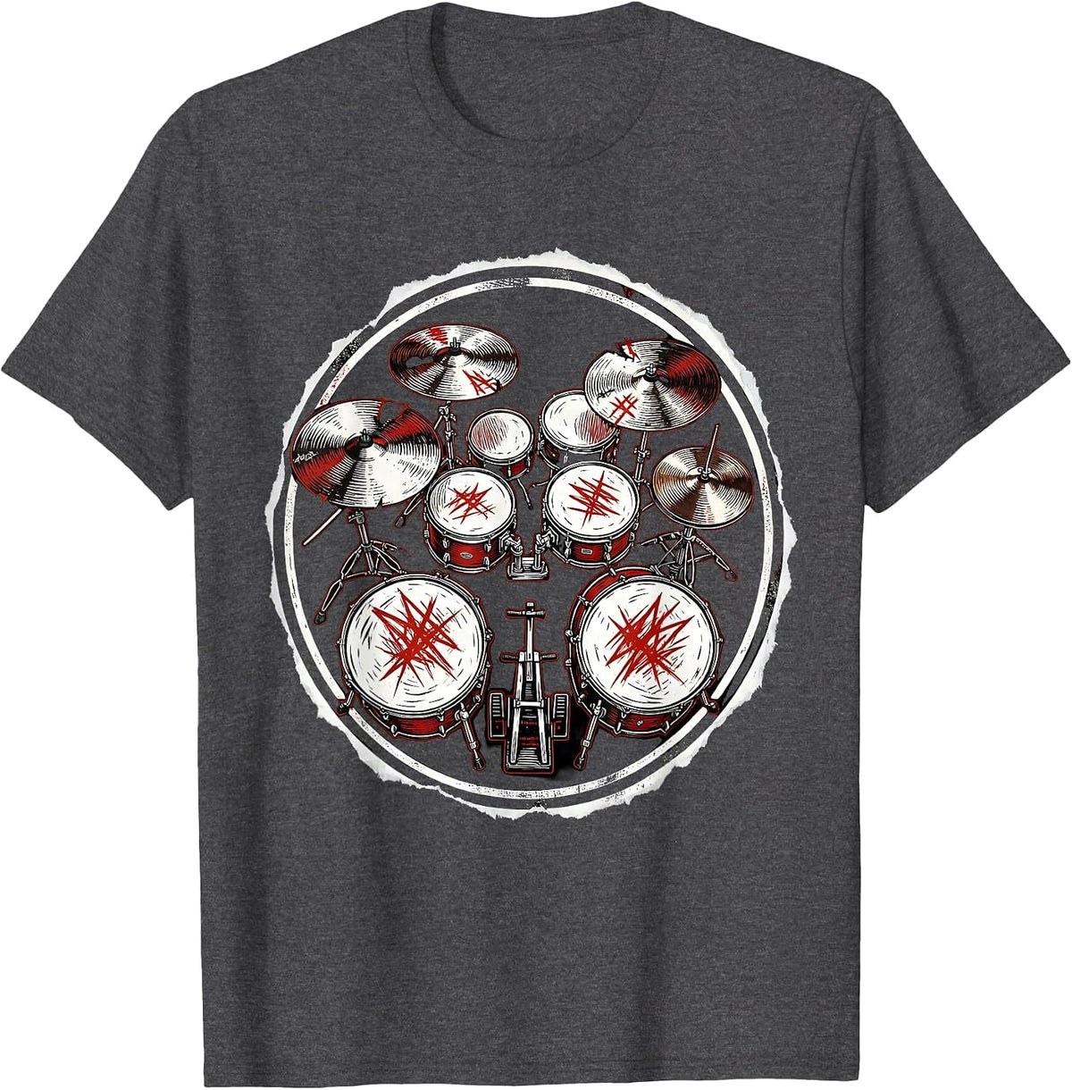 Rock Double Bass Drum Kit Aerial View Graphic T-Shirt - Dark Heather Grey