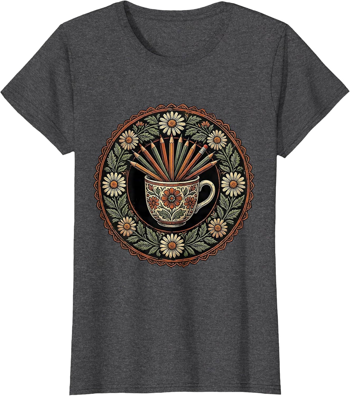 Women's Elementary Teacher Coffee Mug Pencils Graphic T-Shirt - Dark Heather Grey