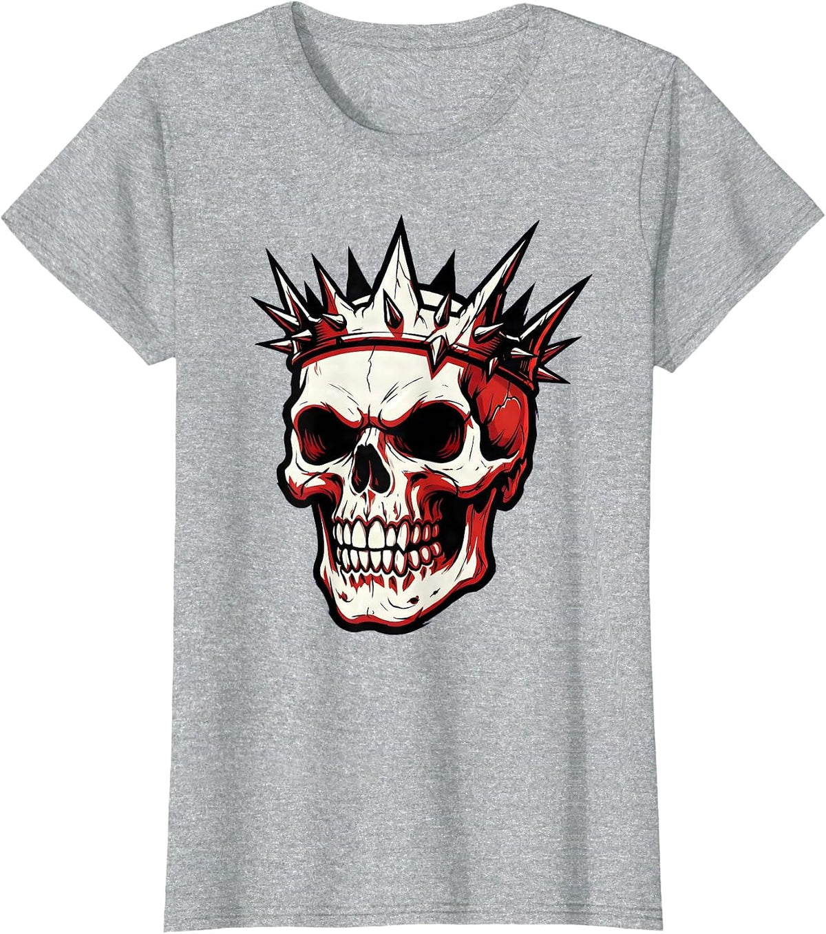 Women's Rebel Skull Spiked Crown Fierce Expression Graphic T-Shirt - Heather Grey