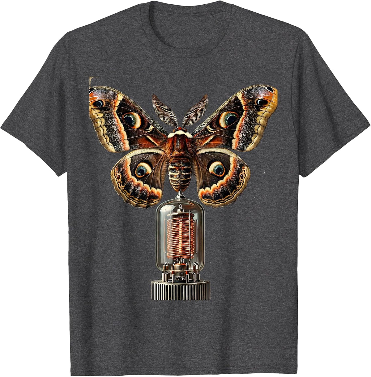 Moth and Vacuum Tube Amp Vintage Rock Art T-Shirt - Dark Heather Grey