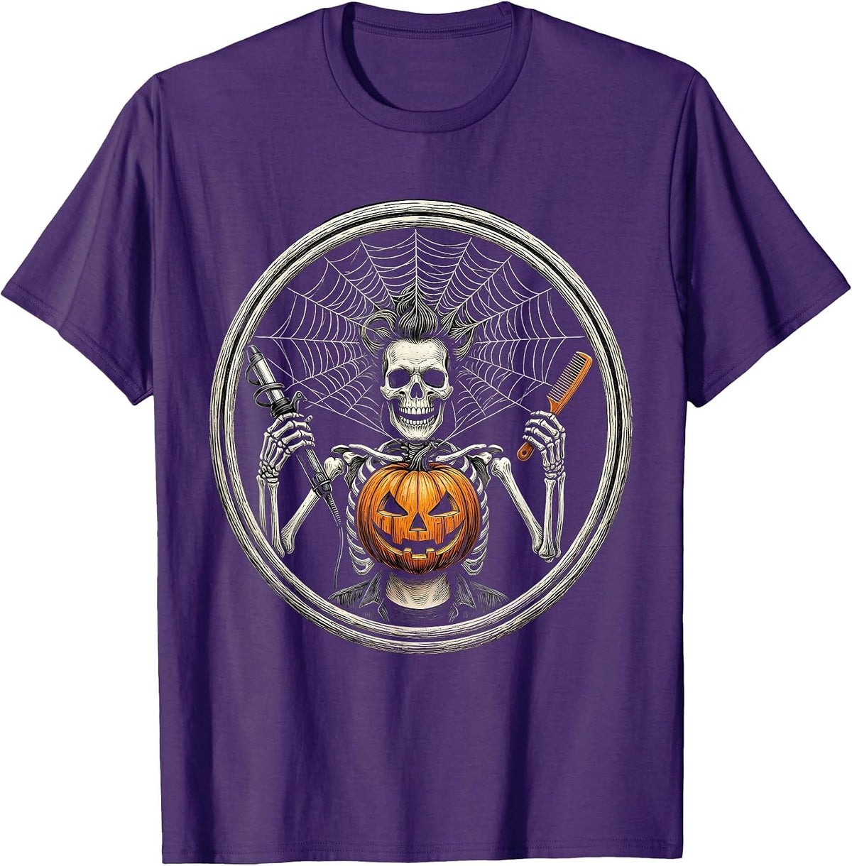 Men's Skeleton Hairstylist Pumpkin Barber Halloween Humor T-Shirt - Purple