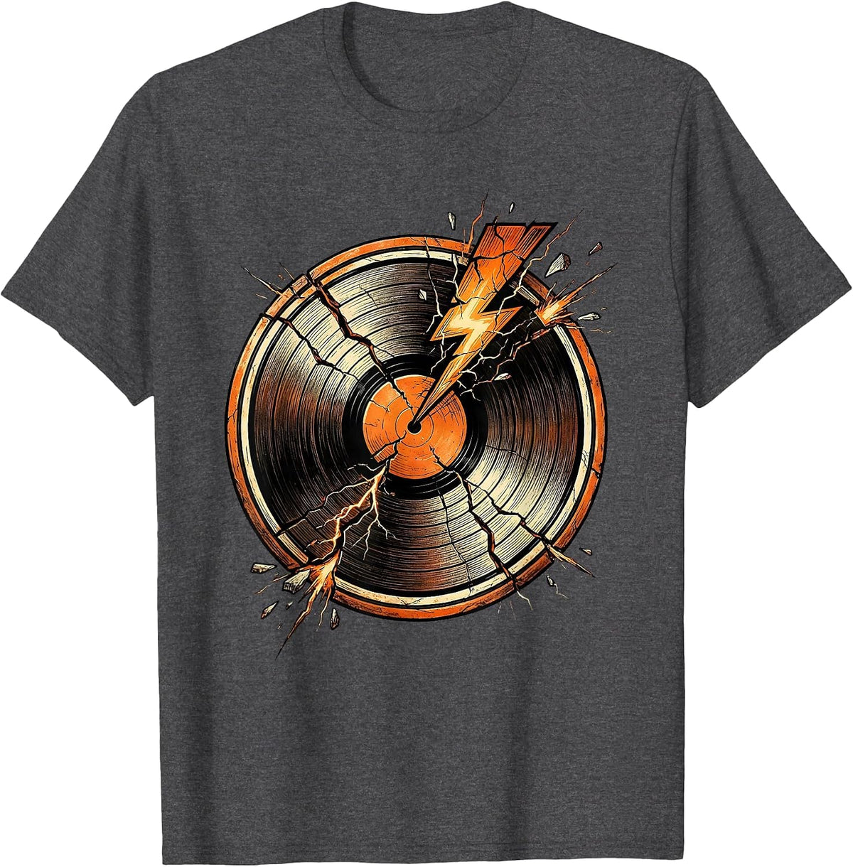 Men's Cracked Vinyl Record Lightning Strike Classic Rock Art T-Shirt - Dark Heather Grey