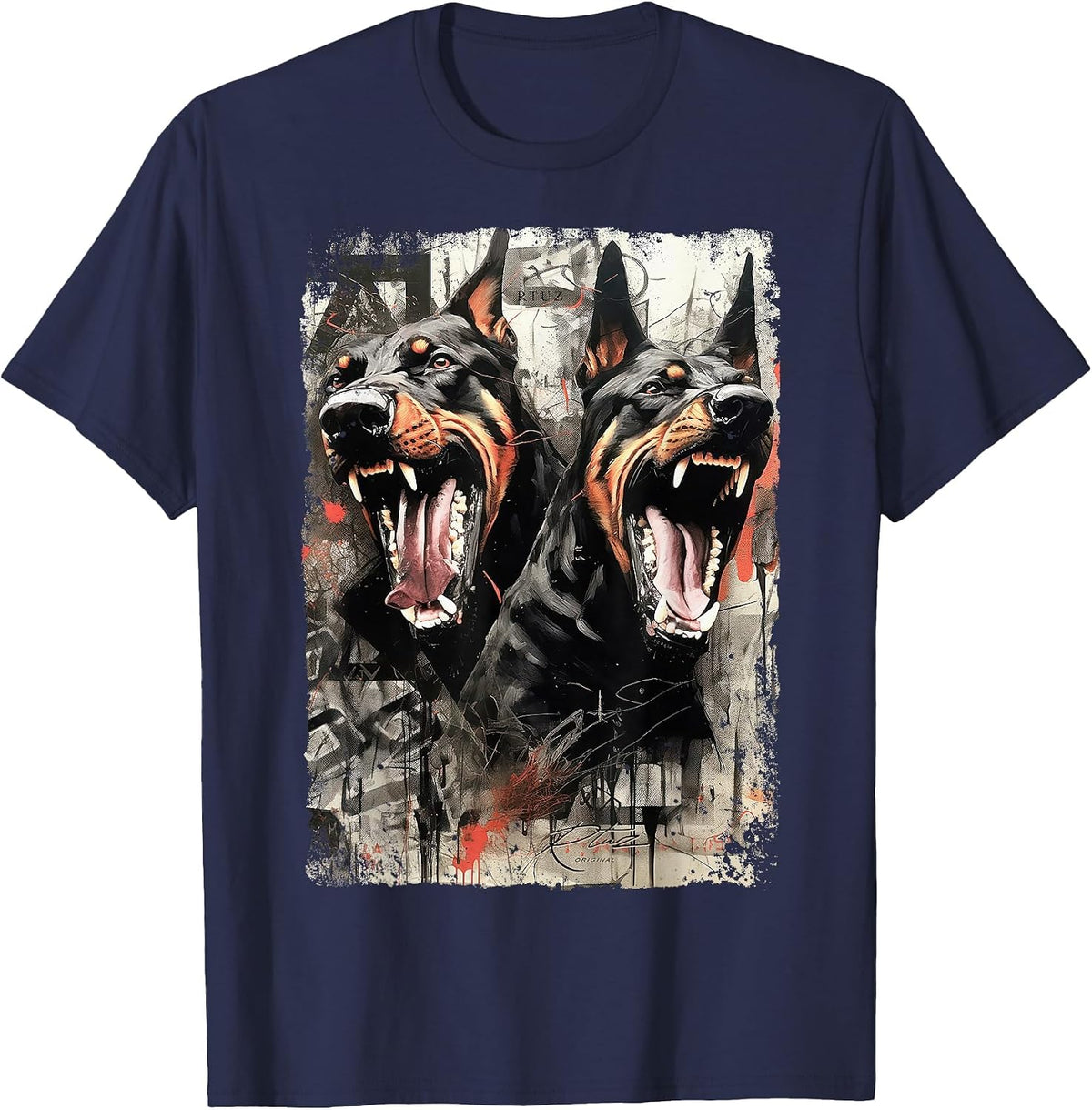 Hip Hop Streetwear Fashion Vintage Women Men Dog Doberman T-Shirt - Navy Blue