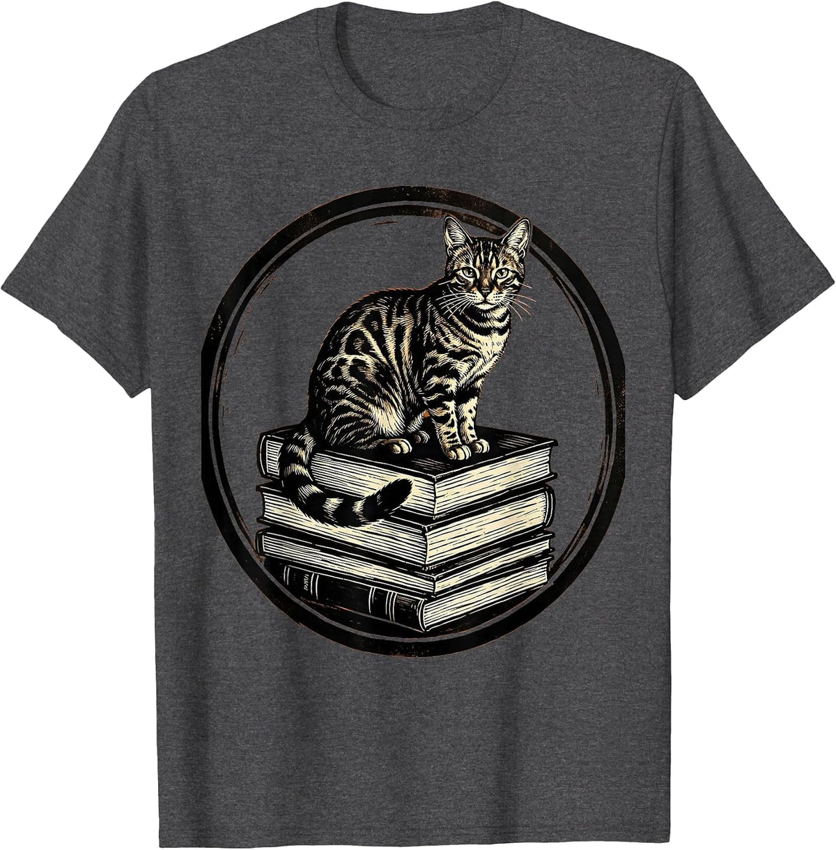 Bengal Cat on Stacked Books Lover Gift T-Shirt - Dark Heather Grey
