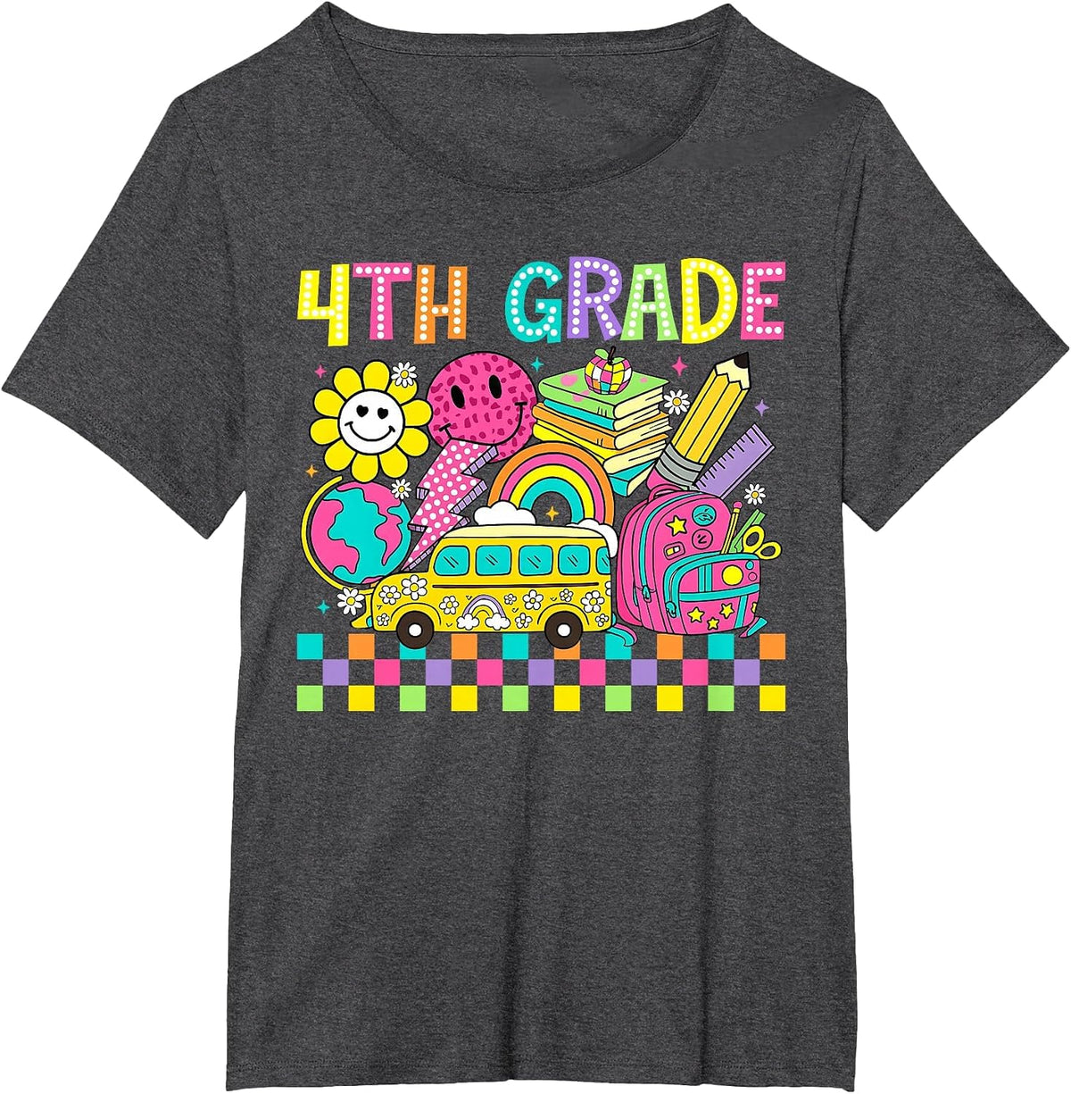Fourth Grade Retro Groovy Back to School First Day Teacher T-Shirt - Dark Heather Grey