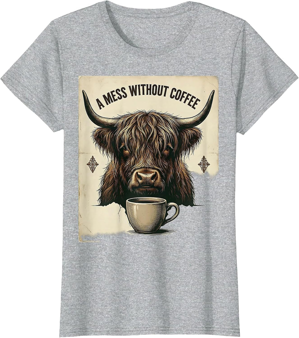 A Mess Without Coffee Vintage Highland Cow Coffee Lover T-Shirt - Heather Grey