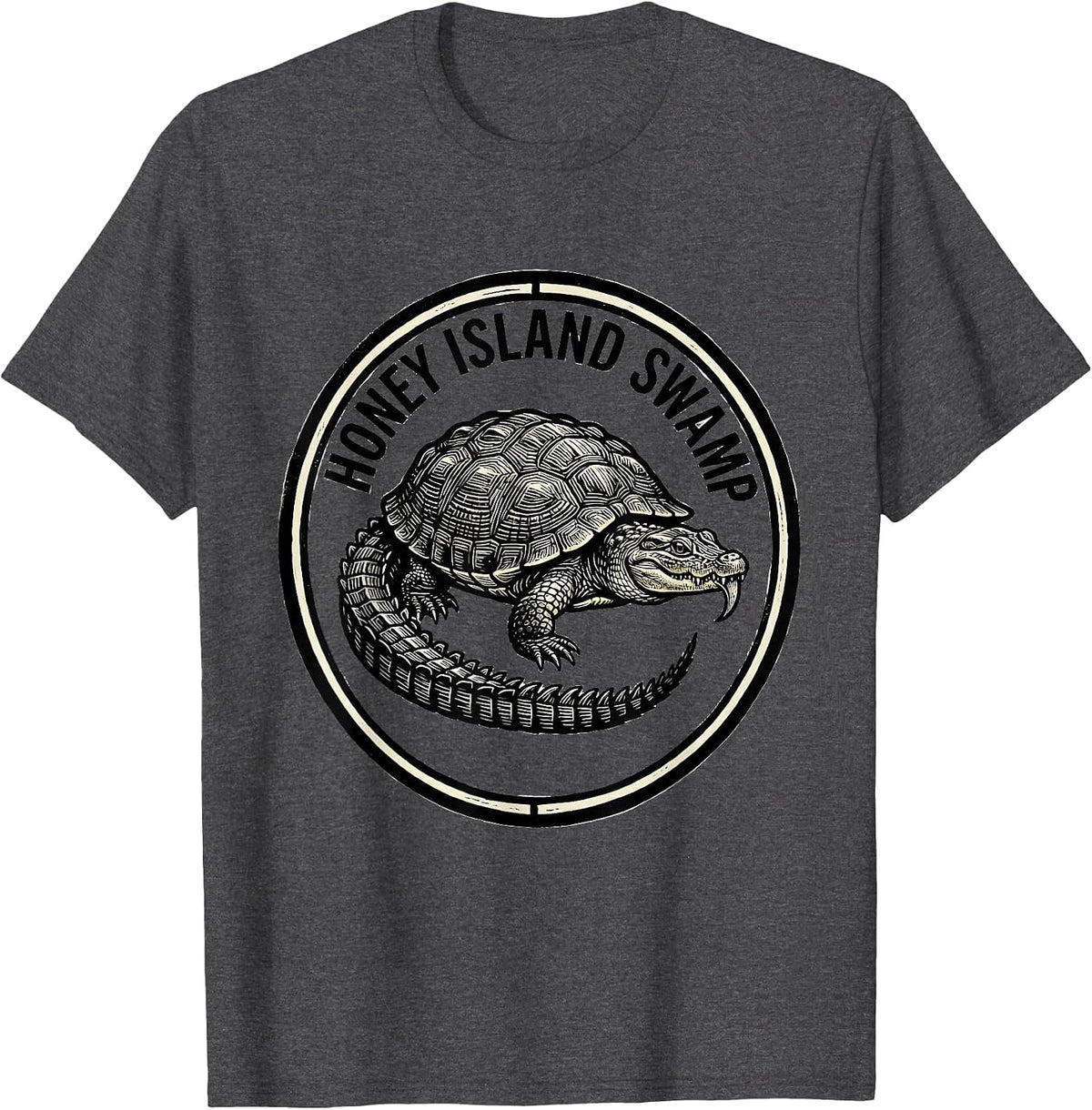 Men's Honey Island Swamp Woodcut Engraving Florida Swamp Pride T-Shirt - Dark Heather Grey