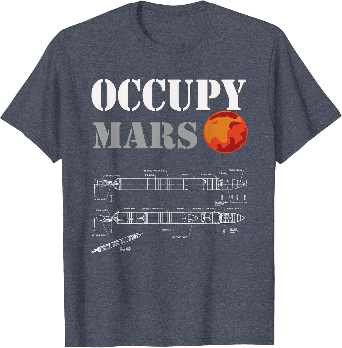 Occupy Mars - Rocket Blueprint Mans Woman's Kids T-Shirt - Heather Blue