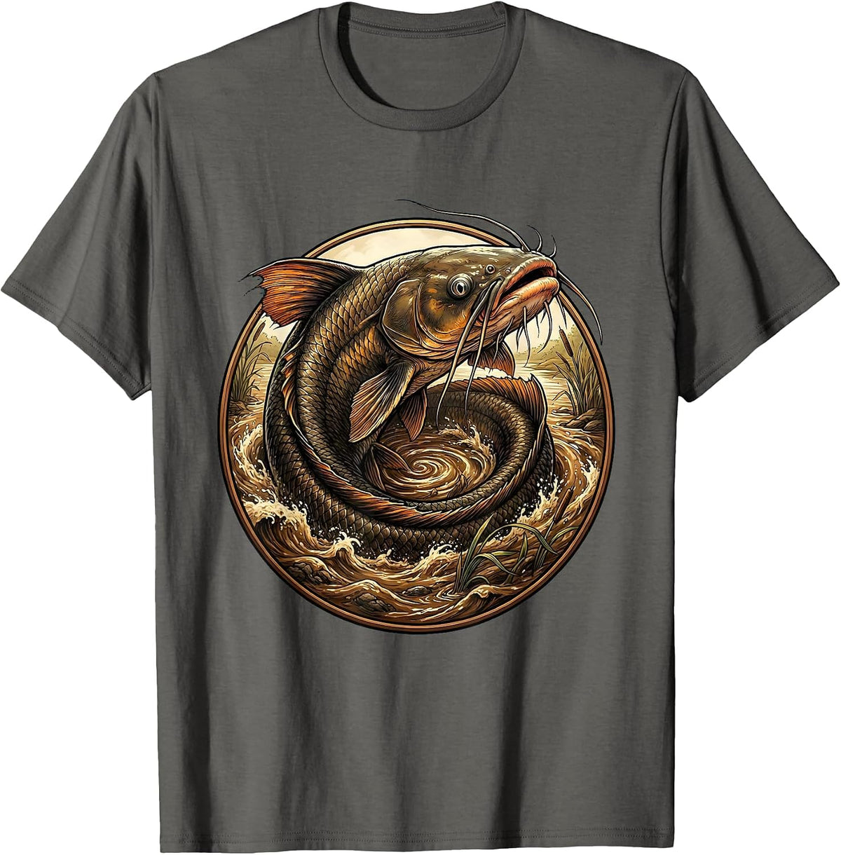 Men's Giant Catfish Swirling in Muddy River Graphic T-Shirt - Asphalt Grey