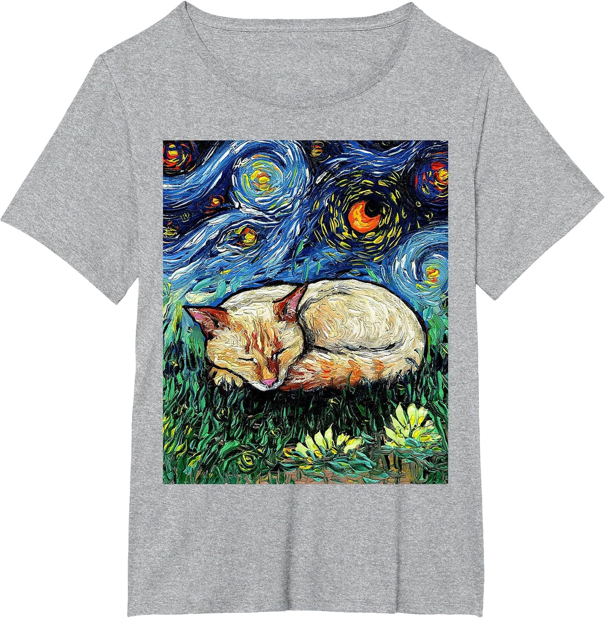 Sleeping Flame Point Siamese Cat Starry Night Artwork T-Shirt - Heather Grey