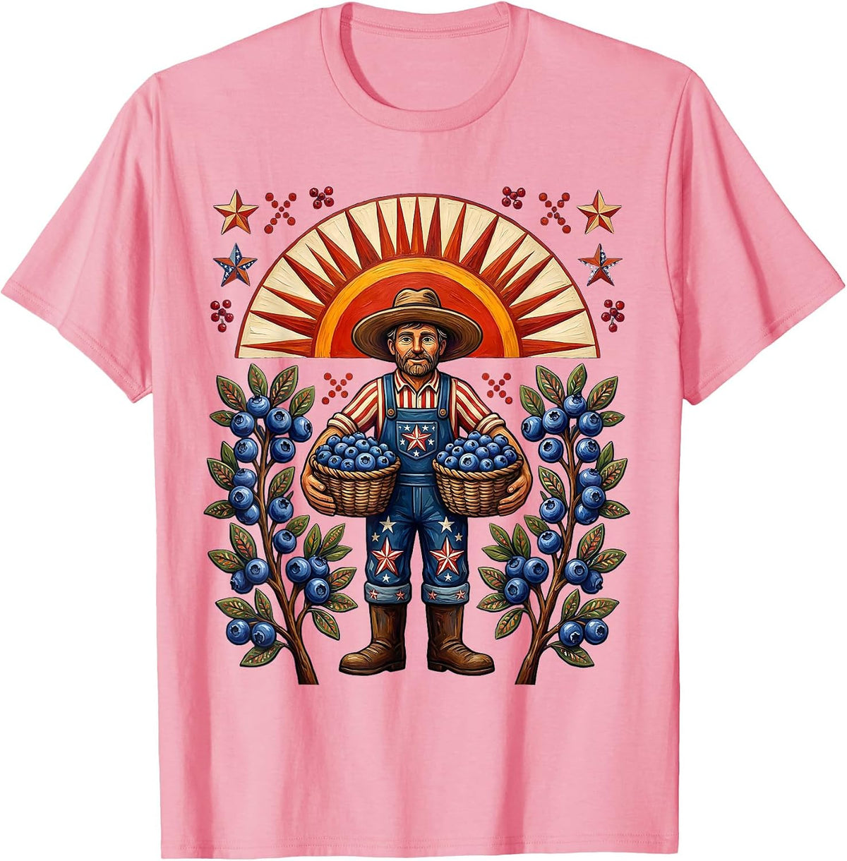 Men's Patriotic Blueberry Harvest Sunrise Farmer Design T-Shirt - Pink