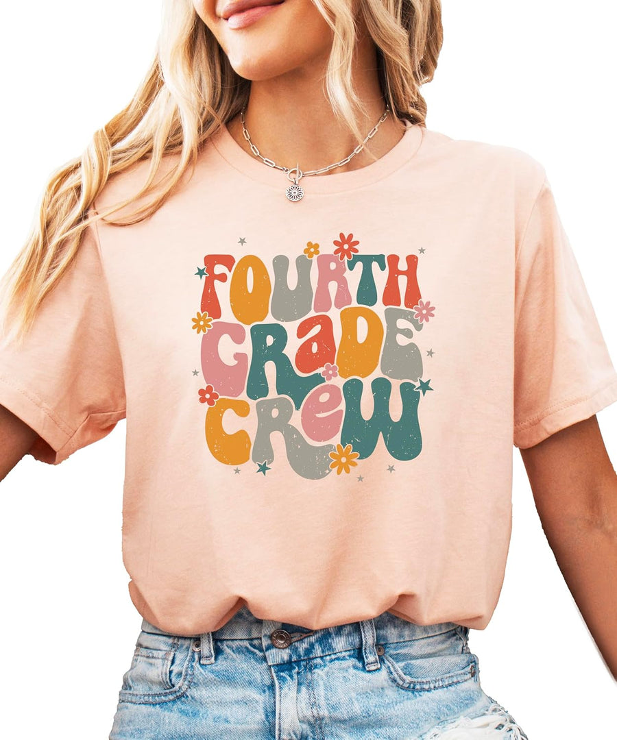 Fourth Grade Crew Shirt for Women & Girls Colorful Retro Back to School Graphic T-Shirt for Teachers and Kids - Adult Peach