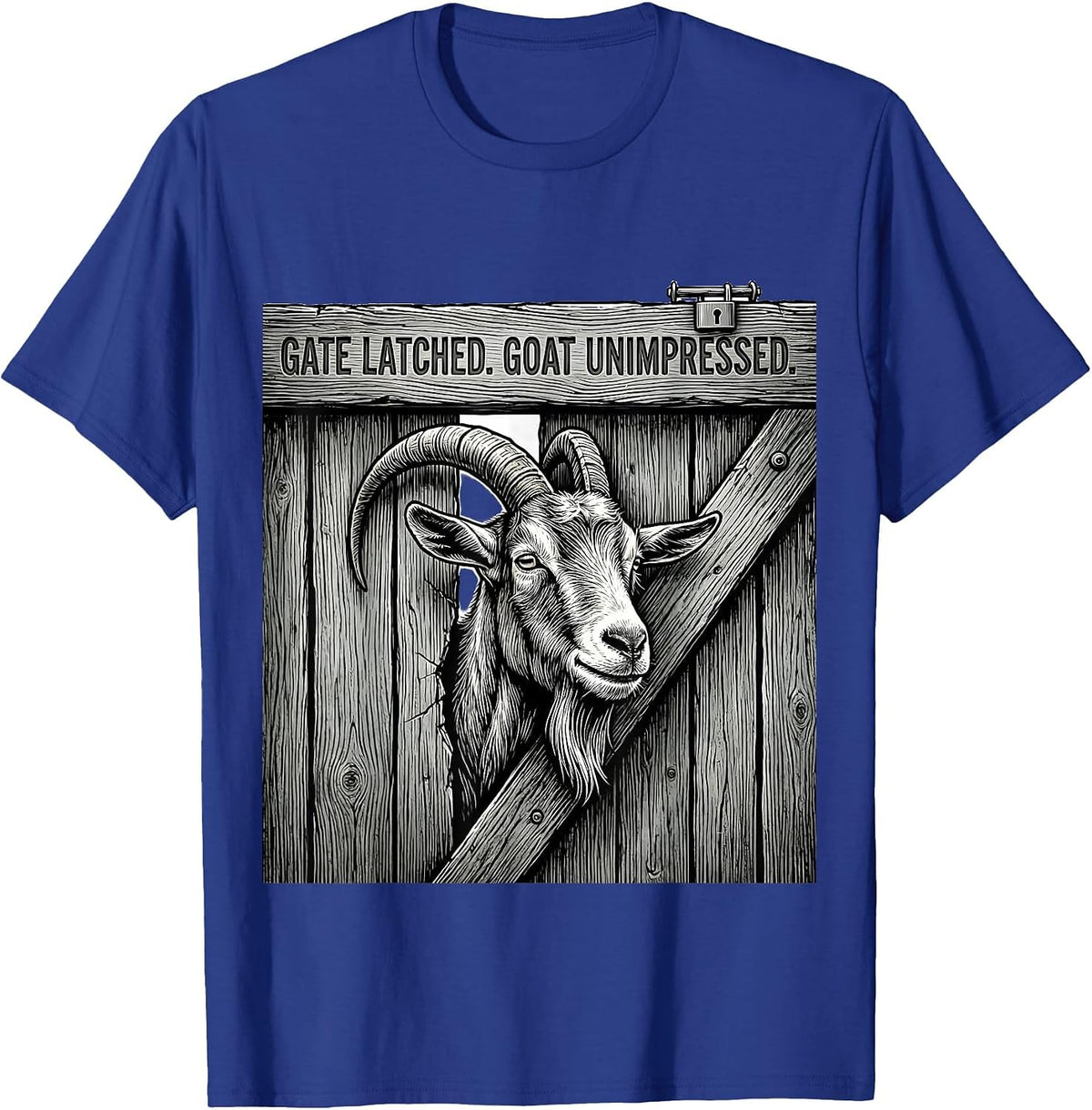 Men's Gate Latched Goat Unimpressed Funny Goat Lover Farmer Humor T-Shirt - Royal Blue