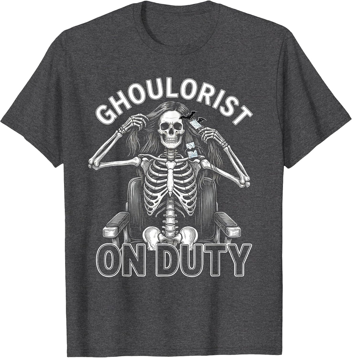 Men's Ghoulorist On Duty Funny Skeleton Hairstylist Halloween T-Shirt - Dark Heather Grey