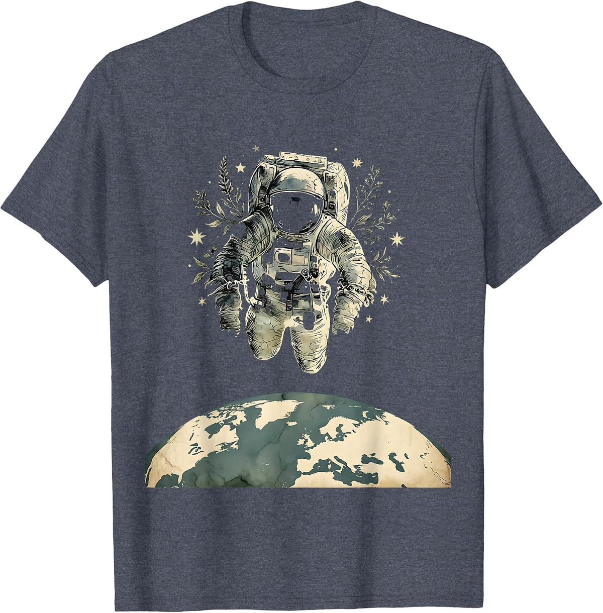 Astronaut Floating Above Earth Space Illustration T-Shirt - Heather Blue
