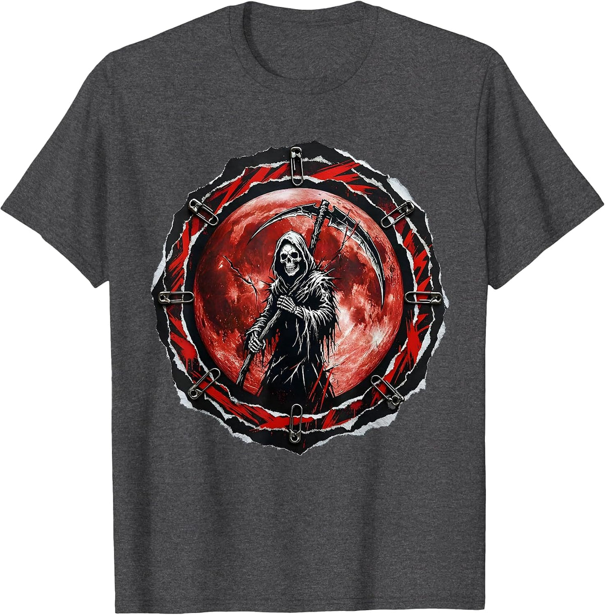 Grim Reaper Blood Moon Metal Graphic T-Shirt - Dark Heather Grey