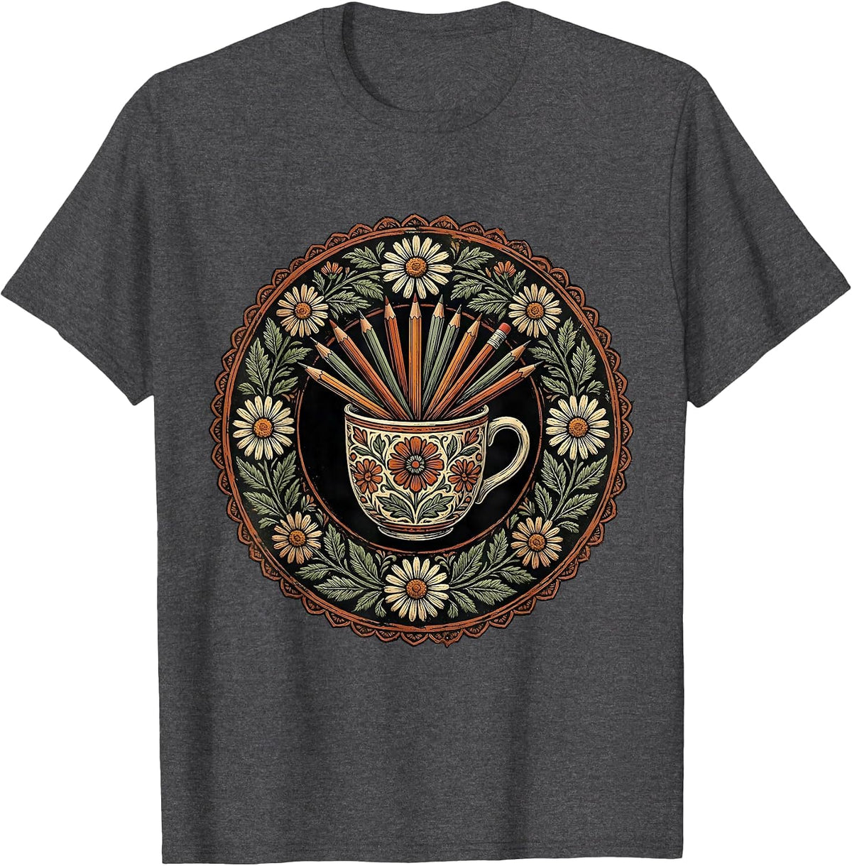 Men's Elementary Teacher Coffee Mug Pencils Graphic T-Shirt - Dark Heather Grey