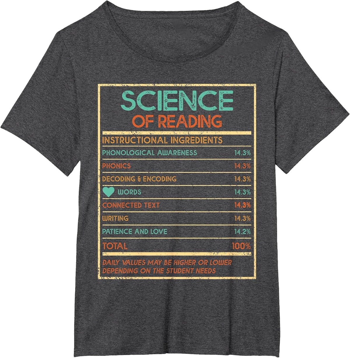 Reading Teacher Funny Science of Reading Nutrition Facts T-Shirt - Dark Heather Grey