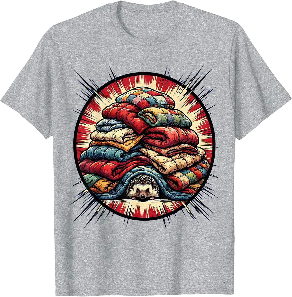 Men's Cozy Hedgehog Hiding Under Blanket Pile T-Shirt - Heather Grey