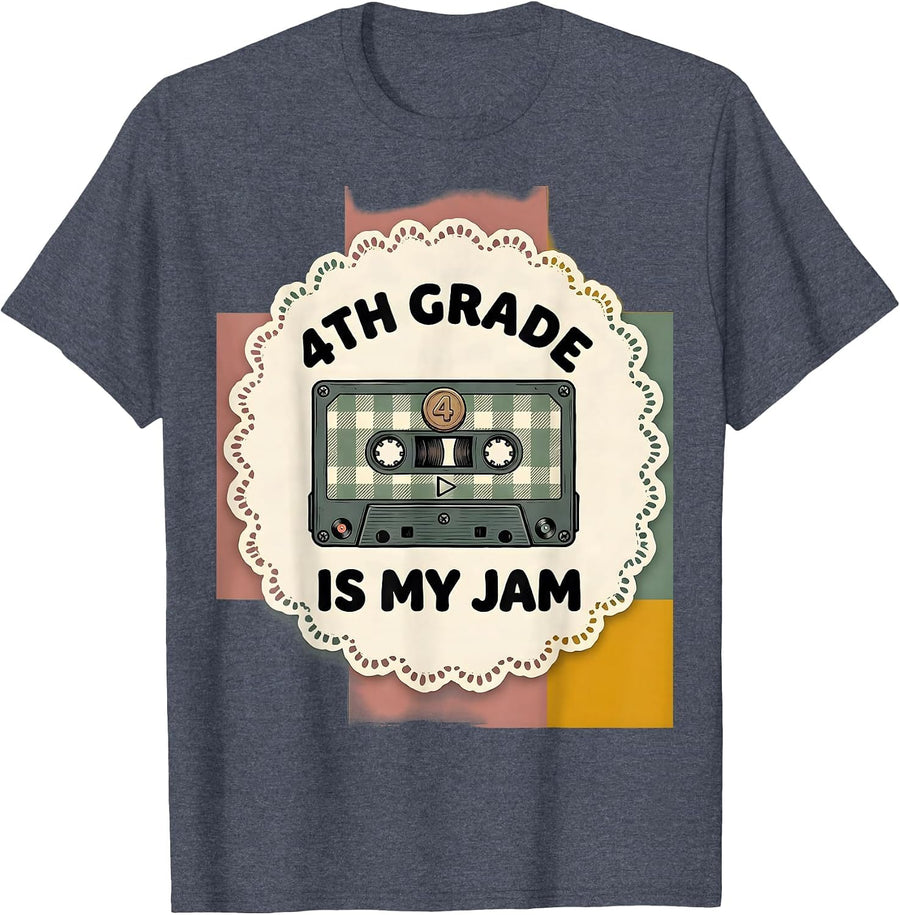 4th Grade Is My Jam Gingham Cute Teacher Student Back To T-Shirt - Heather Blue