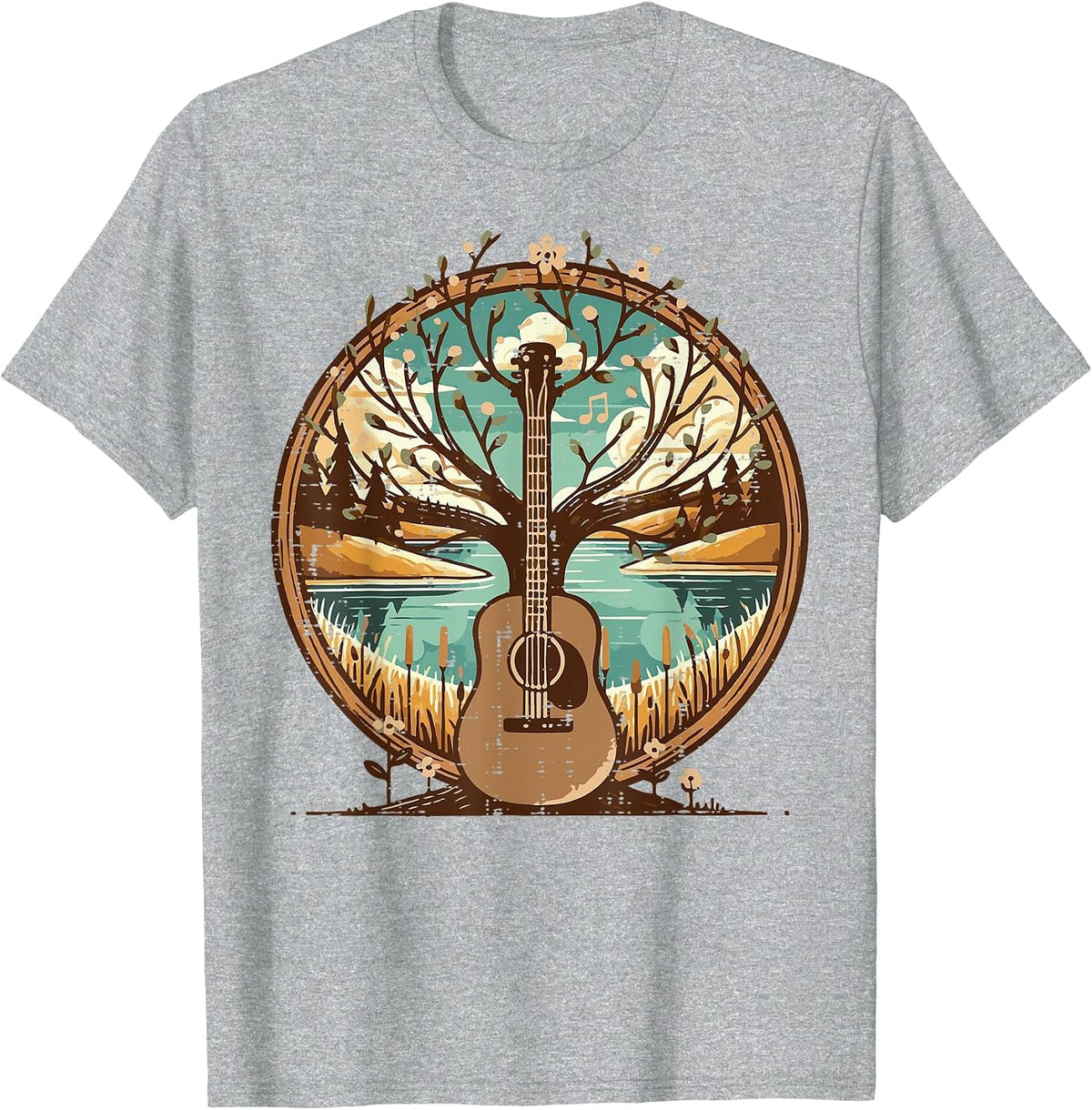 Acoustic Guitar Tree Lake Art Retro Guitarist Women Men Kids T-Shirt - Heather Grey