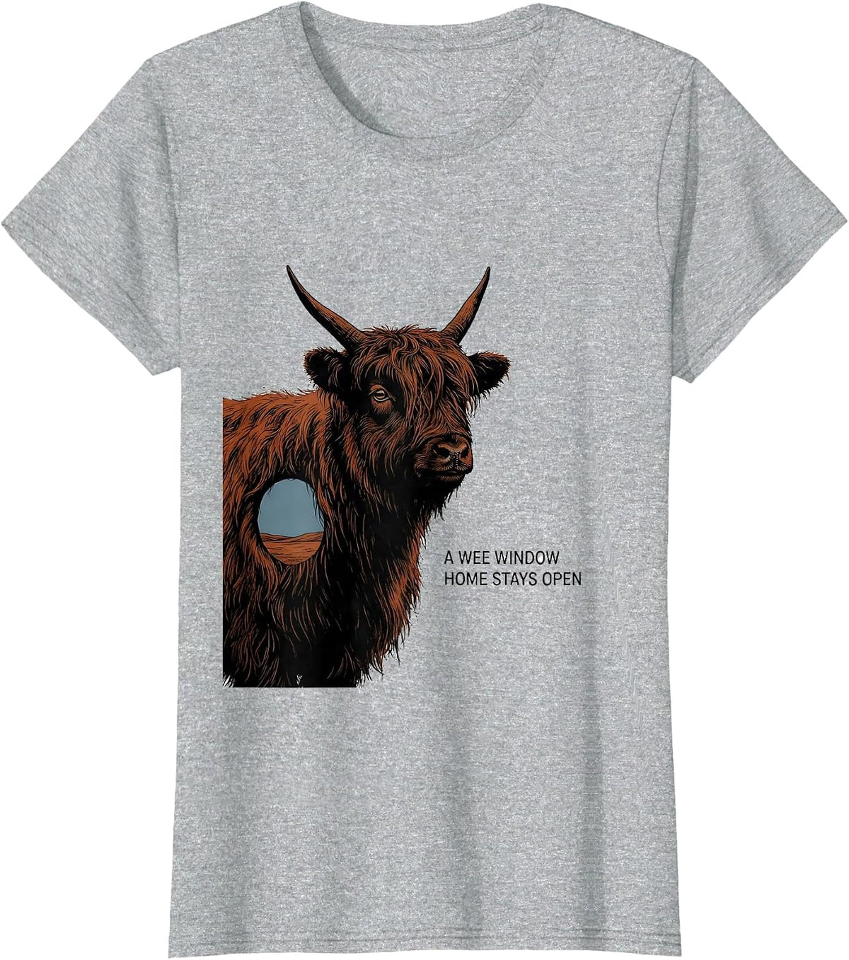 Women's A Wee Window Home Stays Open Cute Highland Cow Scottish T-Shirt - Heather Grey