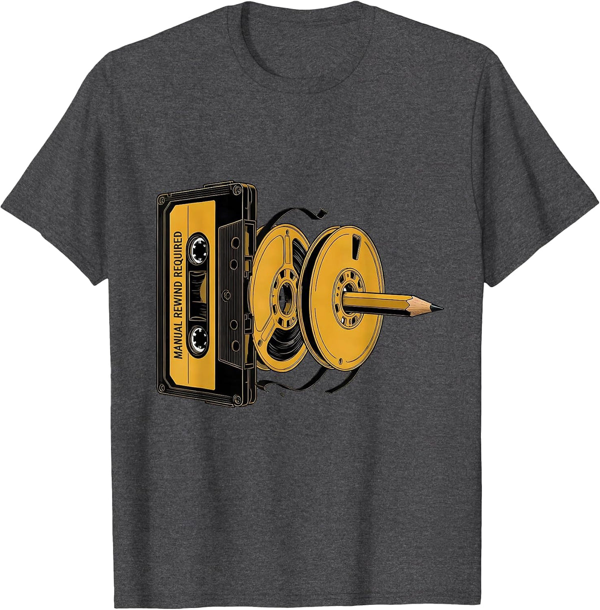Men's Manual Rewind Required Retro Cassette Hip Hop Nostalgia T-Shirt - Dark Heather Grey
