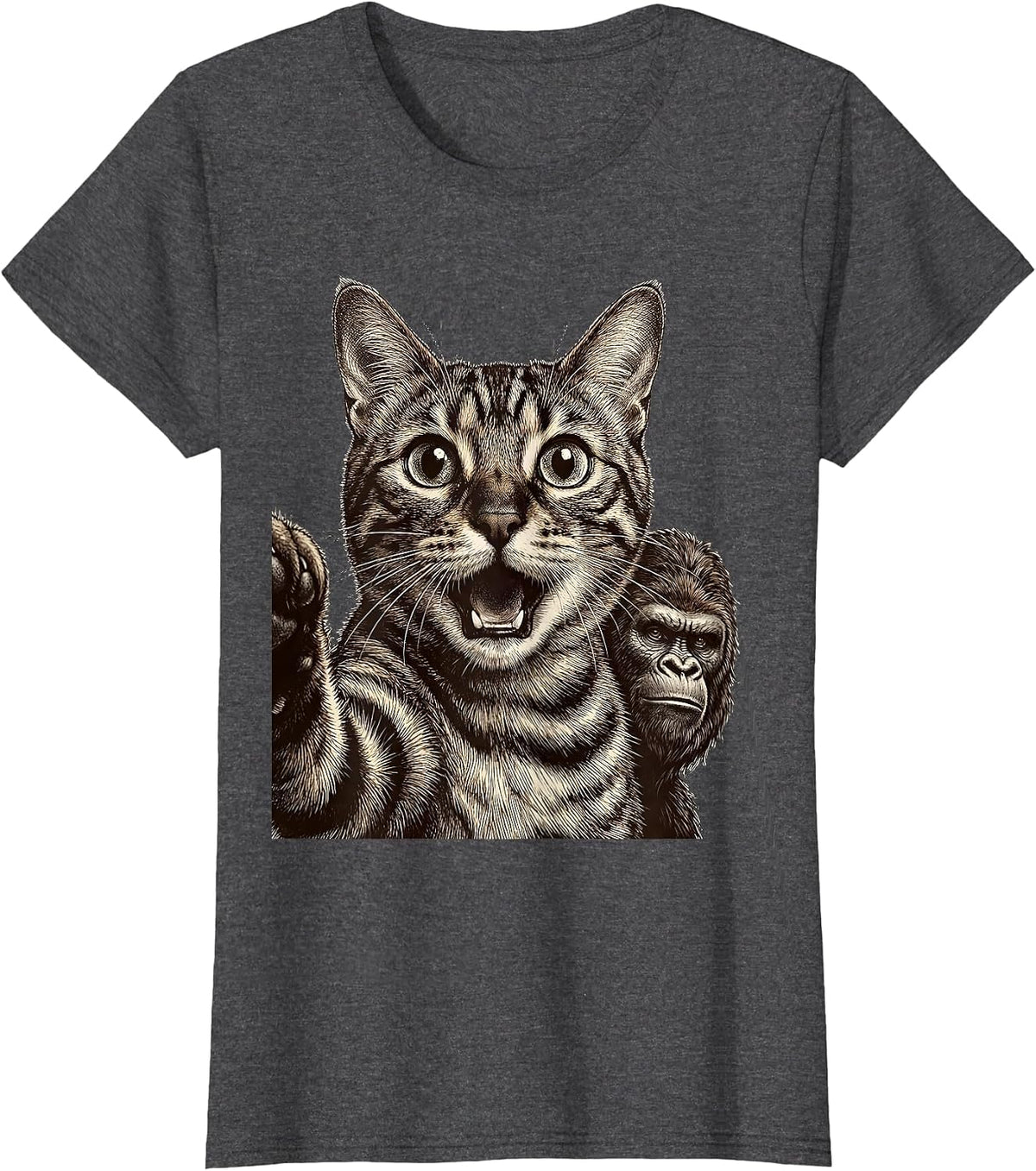 Women's Bengal Cat Bigfoot Crosshatch Etching Funny Meme Humor T-Shirt - Dark Heather Grey