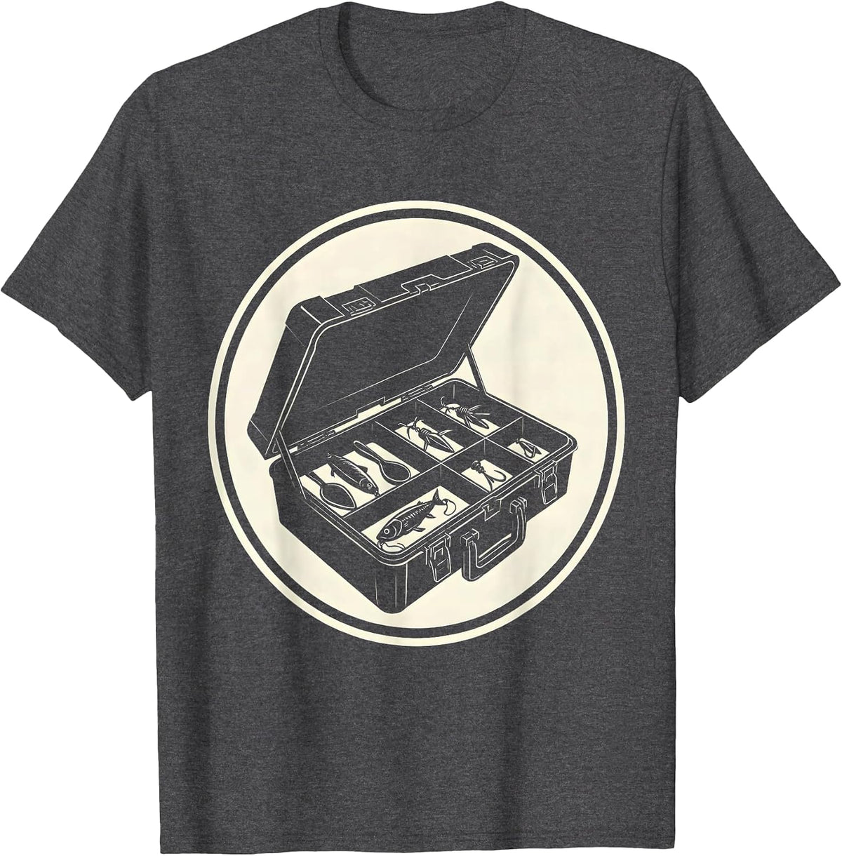 Men's Fishing Tackle Box Open With Colorful Lures T-Shirt - Dark Heather Grey
