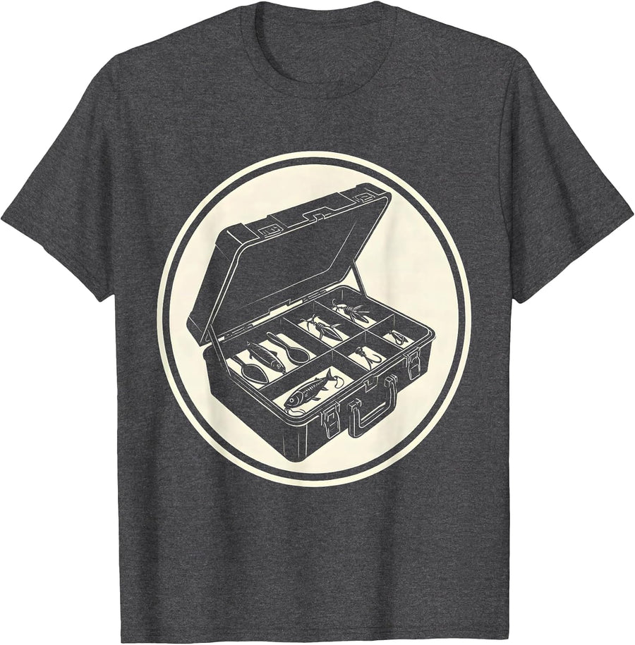 Men's Fishing Tackle Box Open With Colorful Lures T-Shirt - Dark Heather Grey