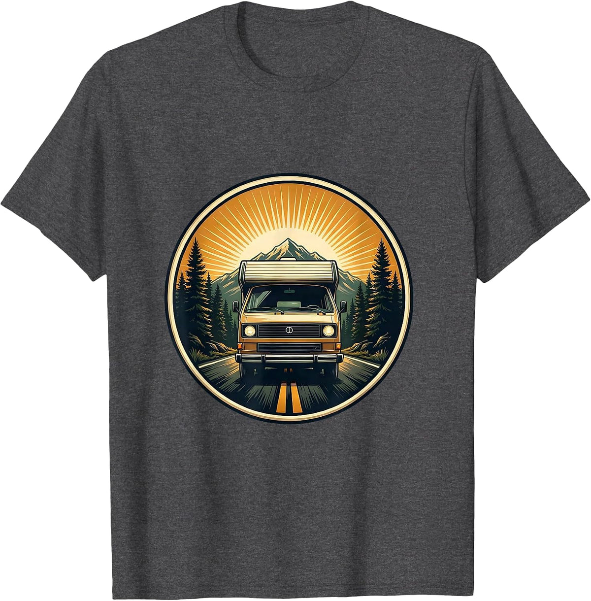 Vintage Camper Van Forest Road Adventure Graphic T-Shirt - Dark Heather Grey