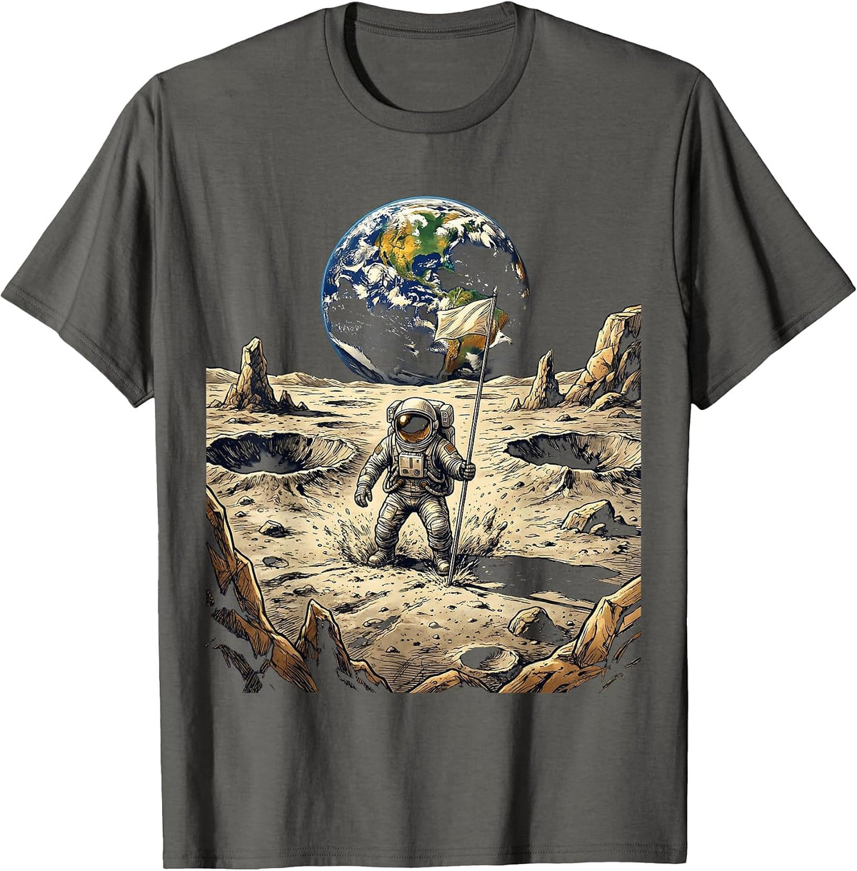 Astronaut Planting Flag on the Moon Illustration T-Shirt - Asphalt Grey