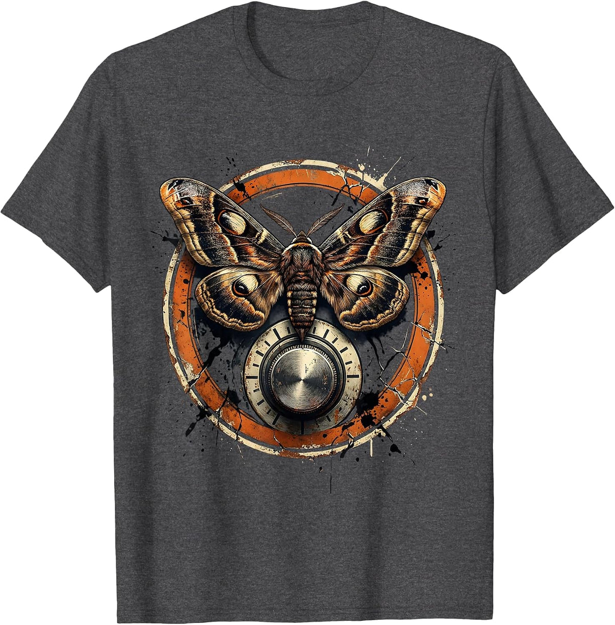 Moth and Glowing Amplifier Dial Rock Music Art T-Shirt - Dark Heather Grey