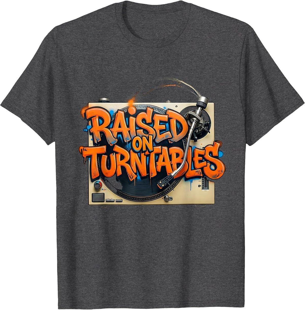 Men's Raised On Turntables Graffiti 90s Hip-Hop Rap Lyric T-Shirt - Dark Heather Grey