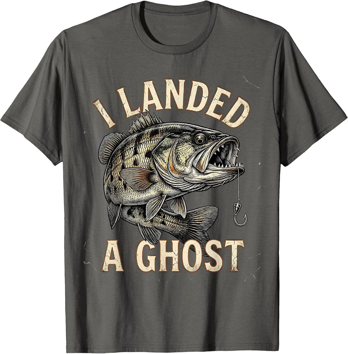 I Landed A Ghost Distressed Halloween Fishing Ghost Bass T-Shirt - Asphalt Grey