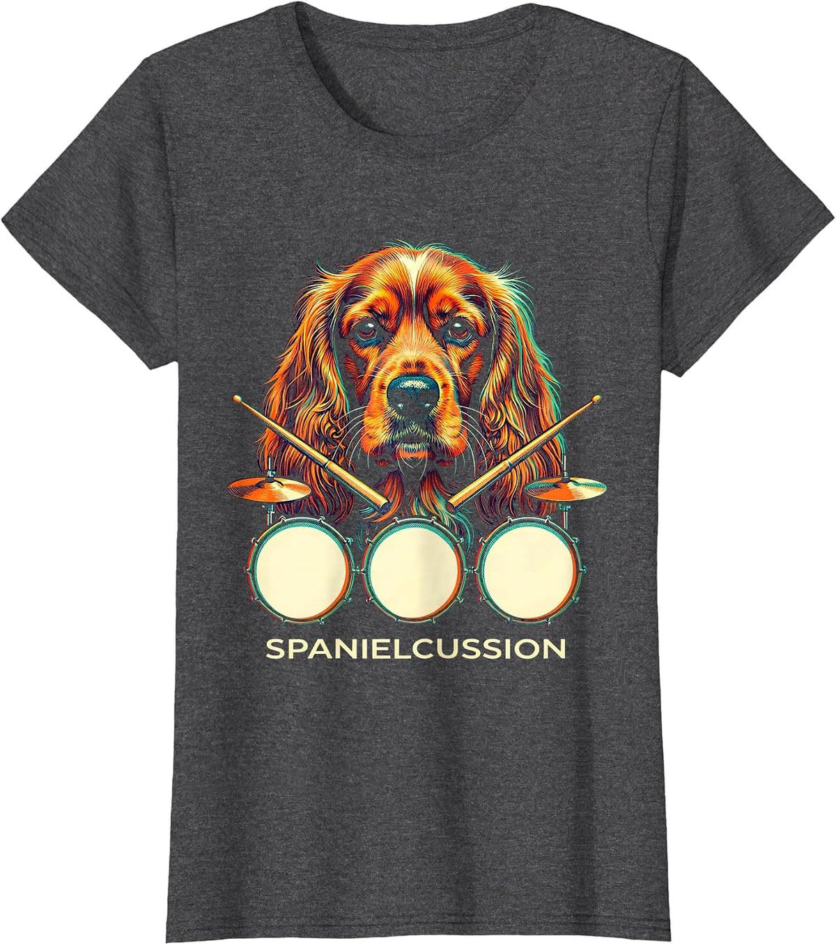 Women's Spanielcussion Risograph Cocker Spaniel Pet Drummer Rock T-Shirt - Dark Heather Grey