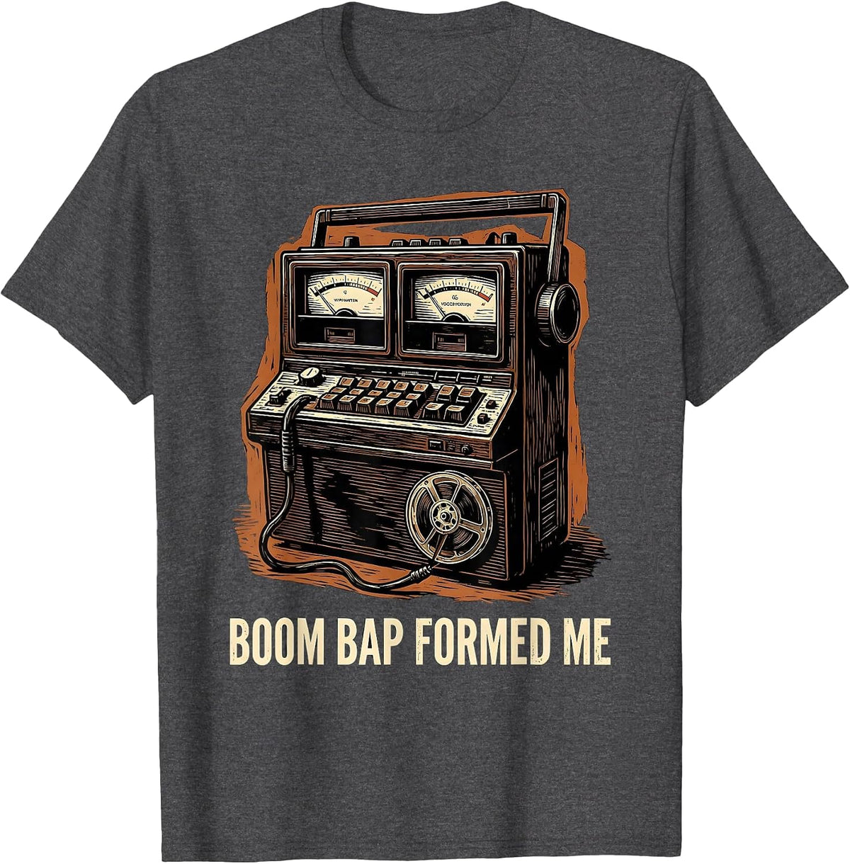 Men's Boom Bap Formed Me Vintage Linocut Hip Hop Lyric Nostalgia T-Shirt - Dark Heather Grey