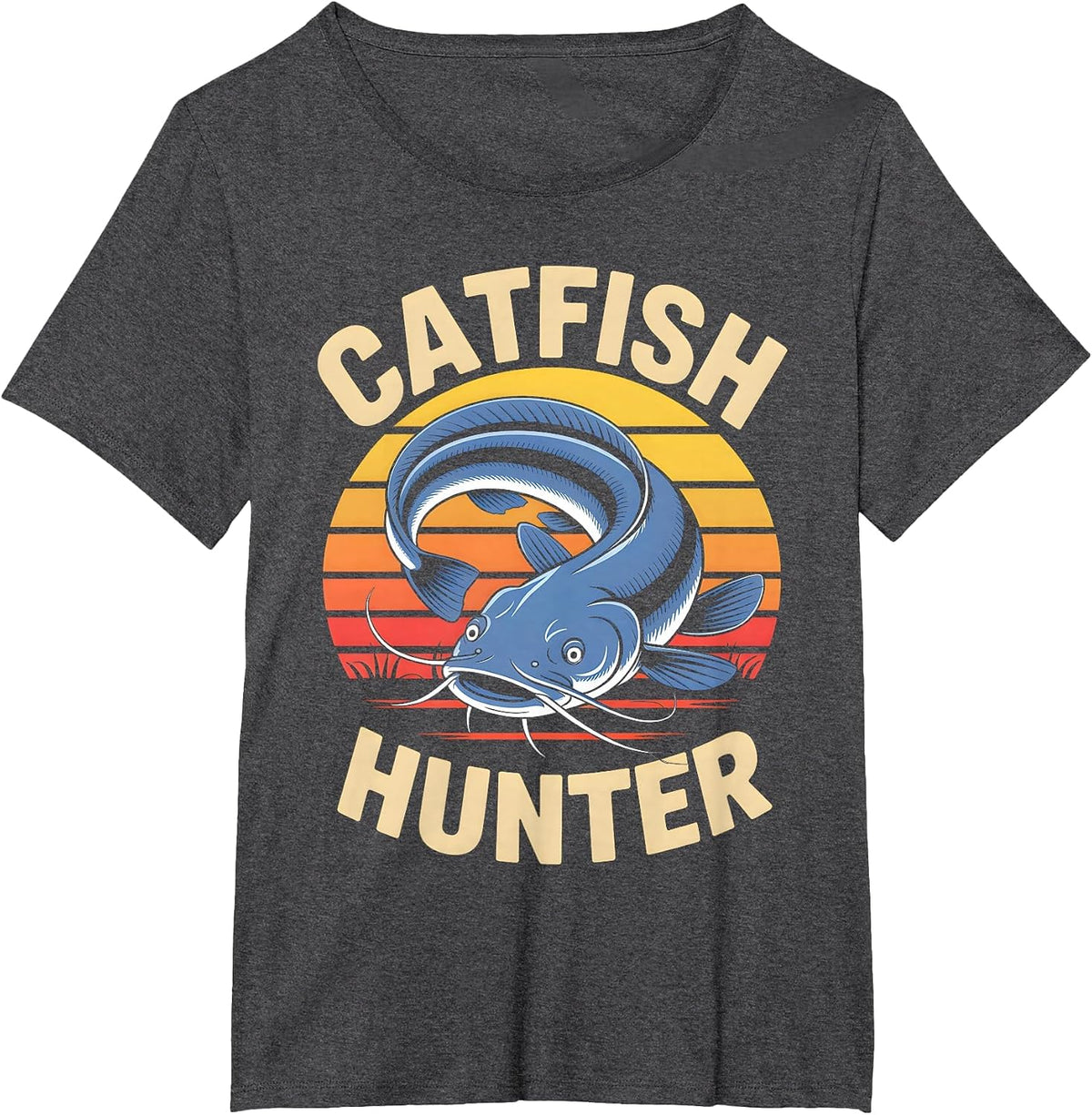 Catfish Hunter Retro Sunset Fishing T-Shirt - Dark Heather Grey