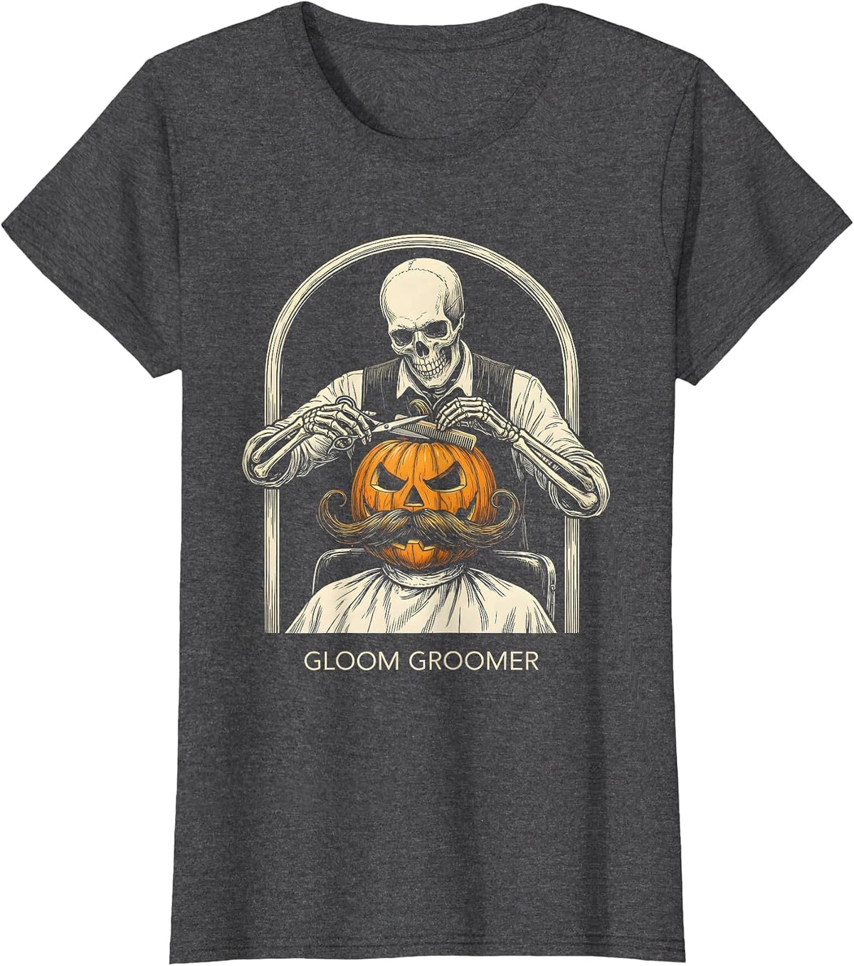 Women's Gloom Groomer Skeleton Barber Halloween Hairstylist Humor T-Shirt - Dark Heather Grey