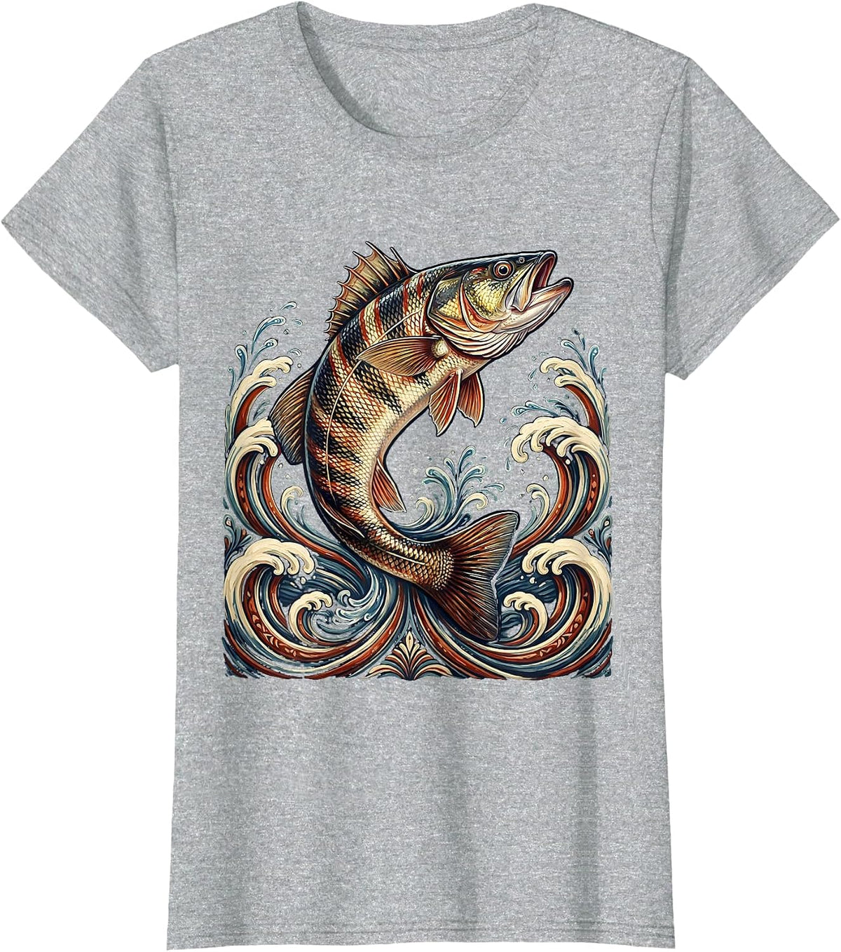 Striped Bass Leaping Ocean Waves East Coast T-Shirt - Heather Grey