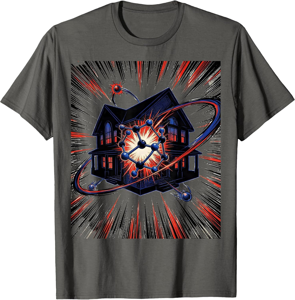 Men's Comic Chemistry Molecule Bonded House Science Humor T-Shirt - Asphalt Grey