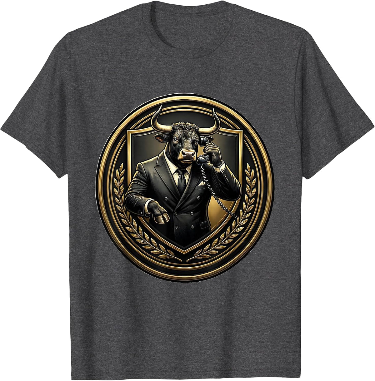 Bull in Business Suit Holding Phone Graphic T-Shirt - Dark Heather Grey