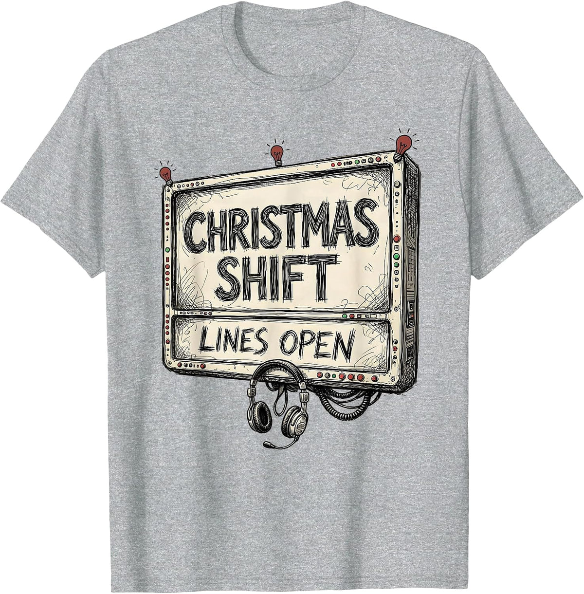 Men's Christmas Shift Lines Open Funny 911 Dispatcher Christmas T-Shirt - Heather Grey