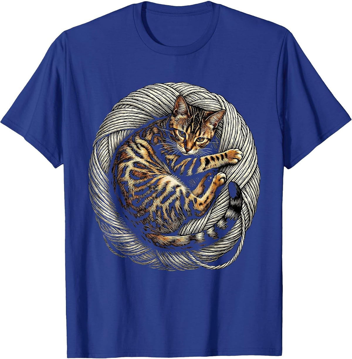 Men's Bengal Cat Tangled in Yarn Ball Graphic Tee T-Shirt - Royal Blue