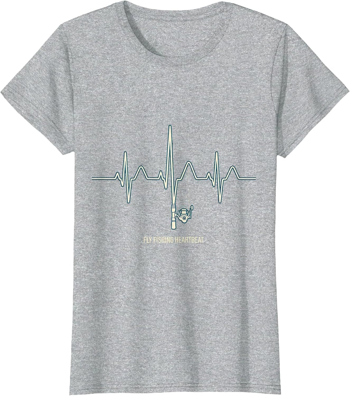 Fly Fishing Heartbeat EKG Pulse Rod and Reel Hobbyist Gift T-Shirt - Heather Grey