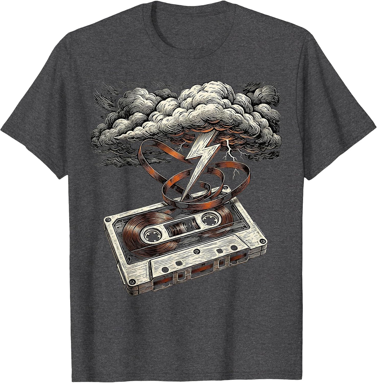Men's Cassette Storm Rock Music Graphic Tee T-Shirt - Dark Heather Grey